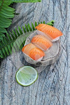 Salmon sushi is delicious, traditional japanese food.