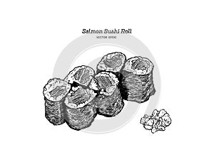 Salmon sushi roll, hand draw vector