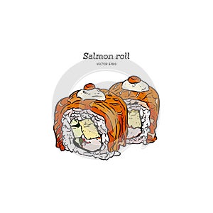 Salmon sushi roll, hand draw vector