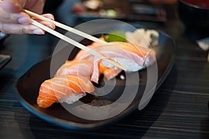 Salmon Sushi Set on Black Dish