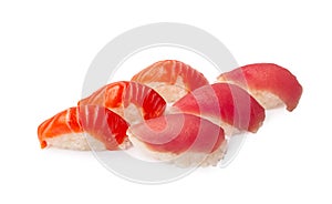 Salmon sushi and tuna sushi on white background
