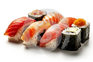 Salmon Sushi Japanese Food On Isolated White Background Professional Food Stock Photography. AI Generative