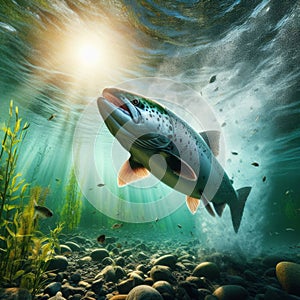 Salmon swim upstream in crystal clear water photo