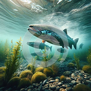 Salmon swim upstream in crystal clear water photo