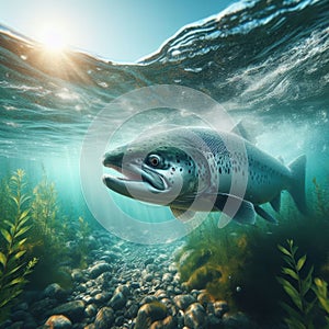 Salmon swim upstream in crystal clear water photo