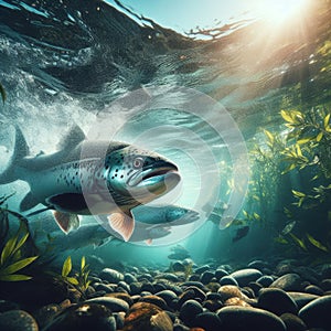 Salmon swim upstream in crystal clear water photo