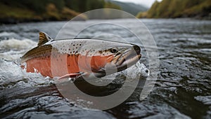 a salmon swimming upstream to its spawning grounds