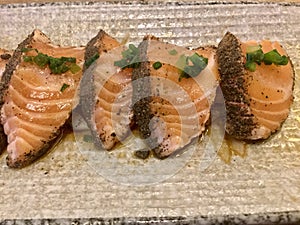 Salmon tataki ponzu. Sashimi. Japanese delicacy .