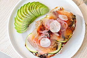 Salmon toast with avocado and vegs in the modern cafe