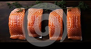 Salmon, trout, steak, slice of fresh raw fish, on dark wooden. Fresh raw salmon fillet with culinary ingredients, herbs and lemon