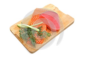 Salmon and tuna fish on white