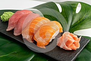 Salmon tuna nigiri sushi set on green palm leaf