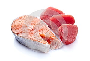 Salmon and tuna steak on white background