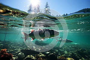 salmons swimming in a crystal-clear mountain river with pure, clear water