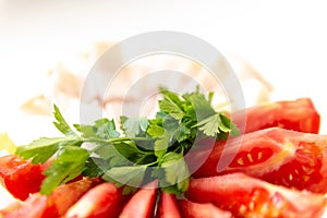 Salo tomatoes parsley onion and garlic on the table