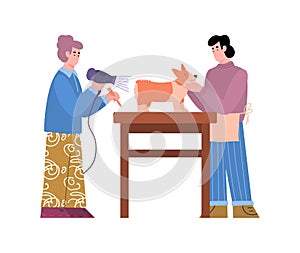 Salon grooming masters or hairdressers serving dog, vector illustration isolated.