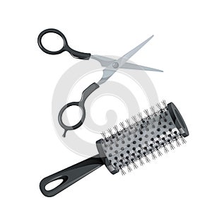 Salon hair accessories set. Metal hair cut scissors and black professional cylinder styling hairbrush.