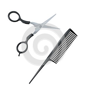 Salon hair accessories set. Metal hair cut scissors and black plastic styling comb with handle.