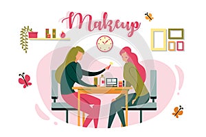 Salon Worker does Makeup to Client, Illustration.