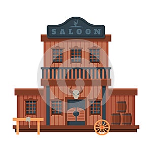 Saloon Architectural Construction, Wild West Wooden Building, Western Town Design Element Vector Illustration