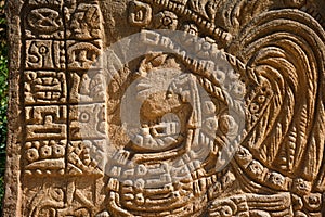 Salou, spain - May 20, 2022: Replica of a stone engraving of Moctezuma, king of the Mayan empire, in a decorative reproduction in