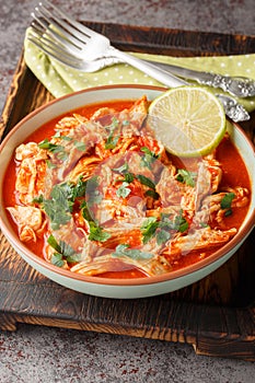 Salsa chicken combines taco seasoned chicken breasts with tomato salsa close-up in a bowl. Vertical