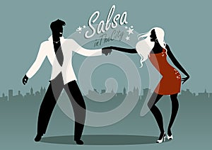 Salsa in the City. Silhouettes of young couple dancing latin music