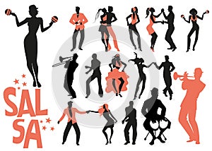 Salsa dance clipart collection. Set of latin music dancers and musician isolated on white background photo