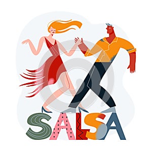 Salsa dance to latin music of couple people, happy young woman and man dancers move