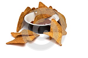salsa dipping sauce tortilla chips white background