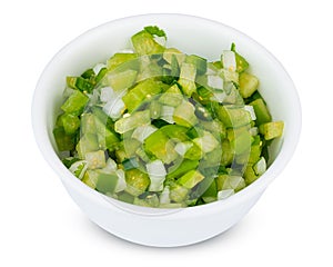 Salsa. Fresh green salsa dip in a bowl or plate. Home made recipe: Tomatillo, onions, cilantro, hot jalapeno peppers