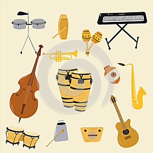 Salsa music musical instruments. Double bass, congas, bongos, guitar, cuban tres, clave, Botijuela, maracas, piano photo