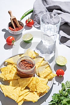 Salsa and nachos sauce is a traditional Mexican snack with tomatoes and hot peppers on a light background