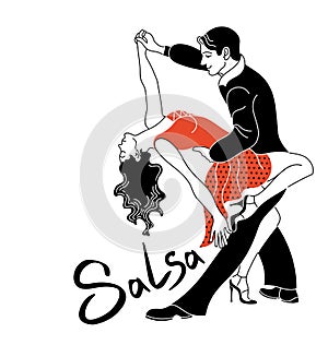 Salsa party dance poster. Elegant couple dancing salsa. Retro style. Silhouettes of people dancing salsa Fishnet stockings photo