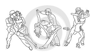 Salsa party poster. Set of elegant couple dancing salsa.Retro style. Outline silhouettes of people dancing salsa and musicians set photo