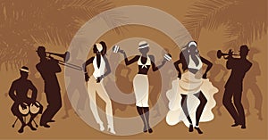 Salsa Party Time. Group of three girls dancing latin music and three musician playing bongos, trumpet and trombone. photo