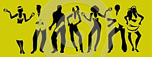 Salsa Party Time. Group of three men and four women dancing latin music.