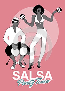 Salsa Party Time. Young man playing bongos and beautiful woman dancing