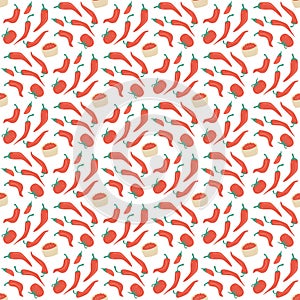 Salsa sauce seamless pattern. Mexican cuisine with pepper and tomato repeat background. Salsa rojo red endless cover. Vector hand photo