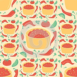 Salsa sauce seamless pattern. Mexican cuisine repeat background. Salsa rojo red endless cover. Vector hand drawn illustration