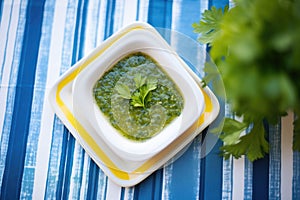 salsa verde in a square dish, blue tablecloth