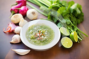 salsa verde beside whole tomatillos and chili