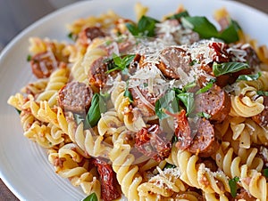 Salsiccia with Pasta: A plate of al dente pasta tossed with sliced salsiccia, sun-dried photo