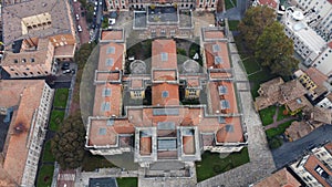 Salsomaggiore Terme Parma ,Italy - November 2022 aerial view of Berzieri termal spa a foggy autumn morning