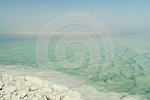 Salt accumulation on Dead Sea shore in Jordan
