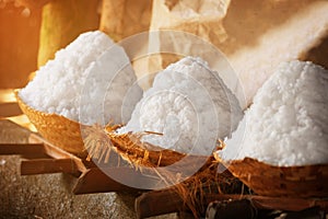 Salt in baskets. Ancient traditional salt production on the Bali