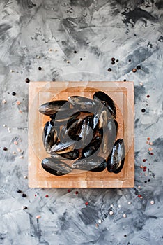 Salt block cooking. Mussels in shells roasted on square pink Himalayan salt block on concrete background top view