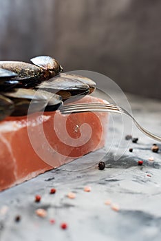 Salt block cooking. Raw mussels in shells roasted on pink Himalayan salt on concrete background side view