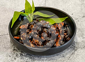 salt cast iron snail or oc duc gang muoi served in dish isolated on grey background top view of singapore seafood