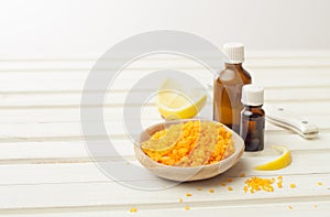 Salt, cosmetic oil, ginger and lemon for preparing cosmetics at